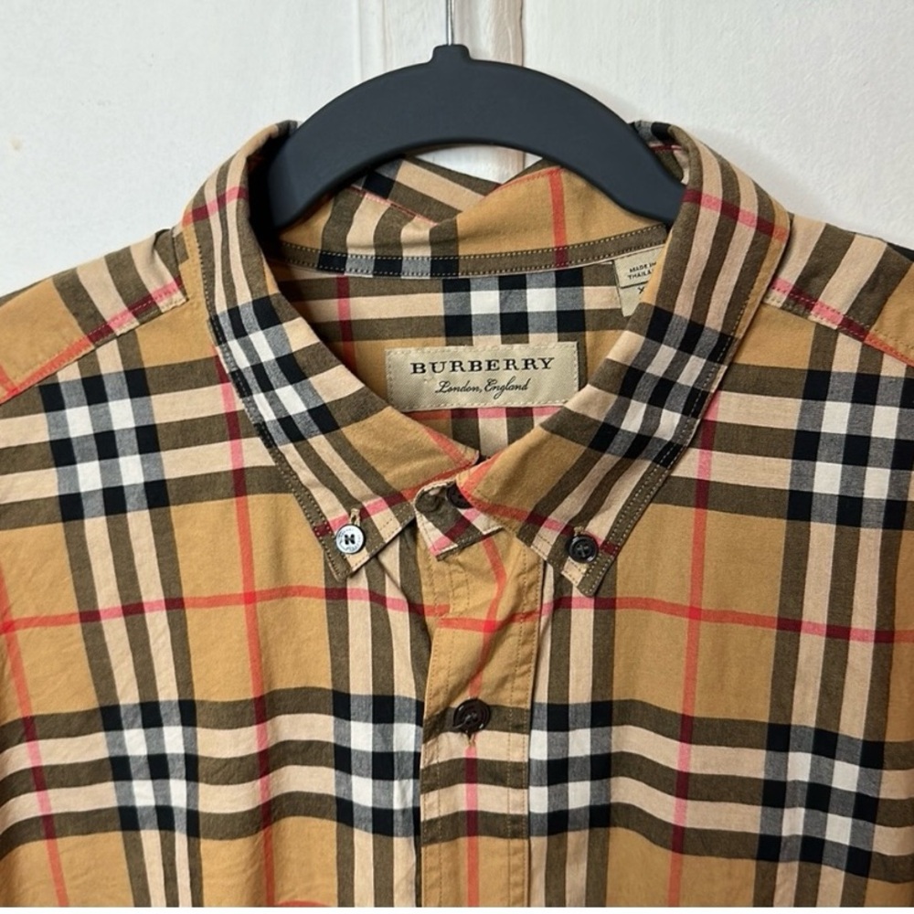 Burberry Tan and Black Dress Shirt with Plaid Pattern